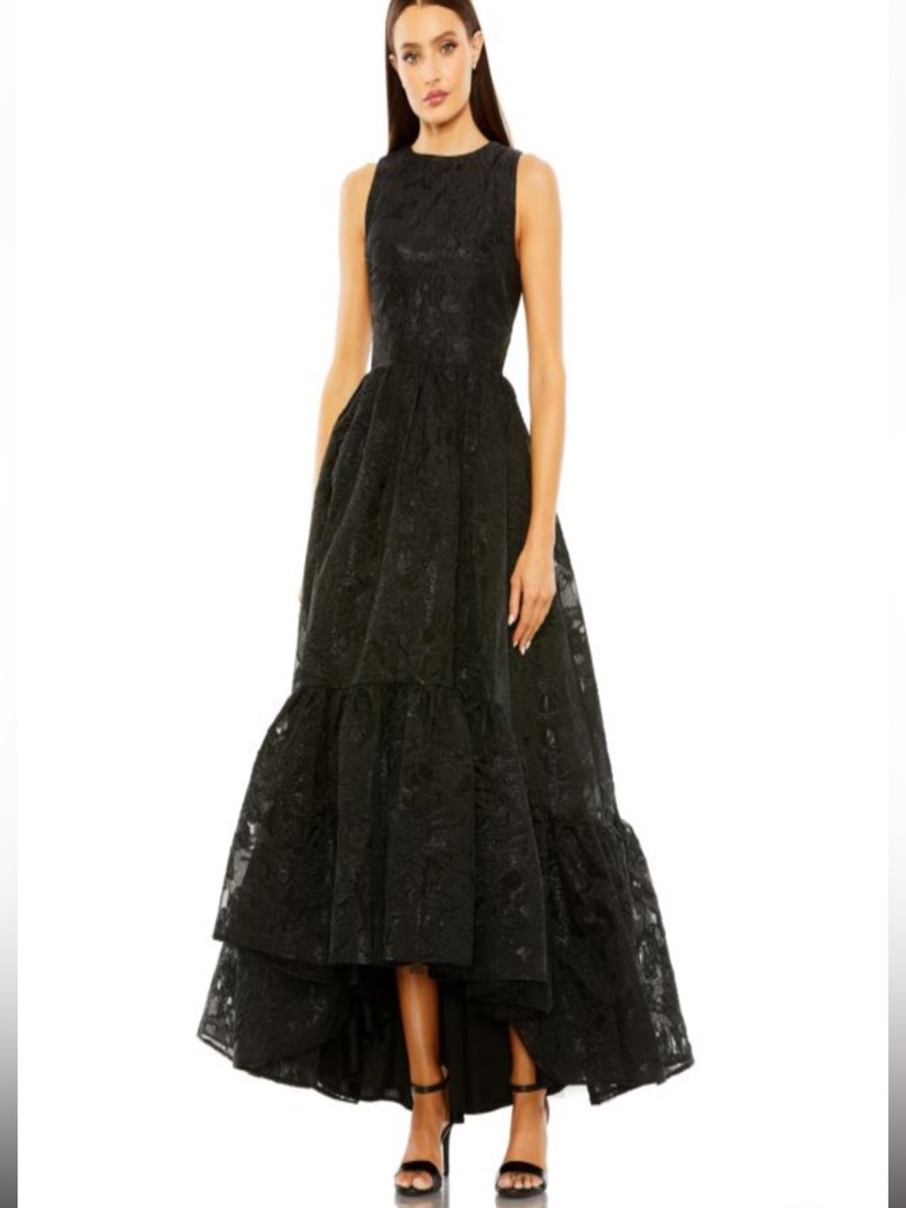 MacDuggal 20714 Black Sleeveless High-Low Brocade Gown size 14, 16